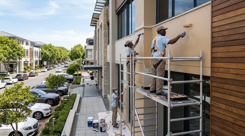 Professional commercial painters on scaffolding painting a building on the Claremont
