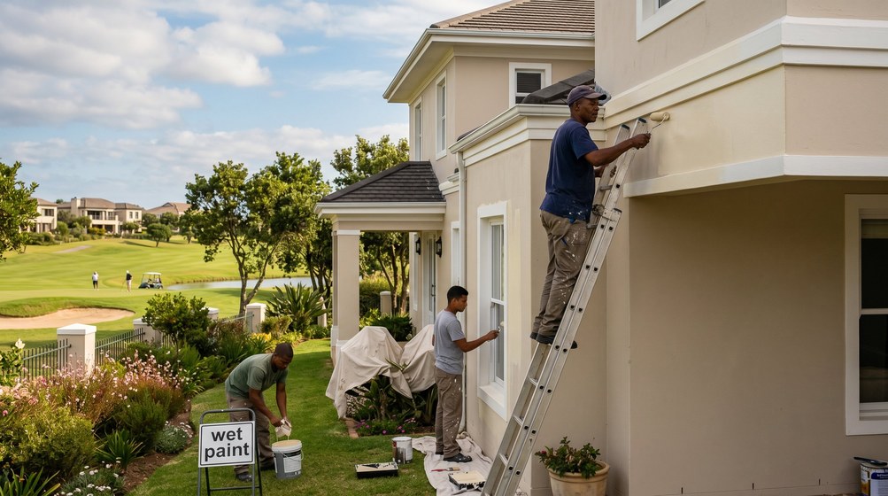 Professional estate painters painting a luxury golf estate home on the Claremont