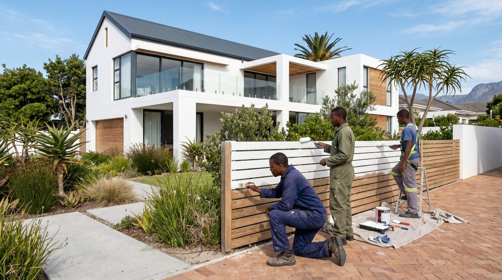 Professional fence painters painting a wooden fence at a Claremont home in Claremont
