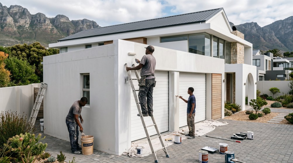Professional painters painting a double garage exterior and garage doors in Claremont