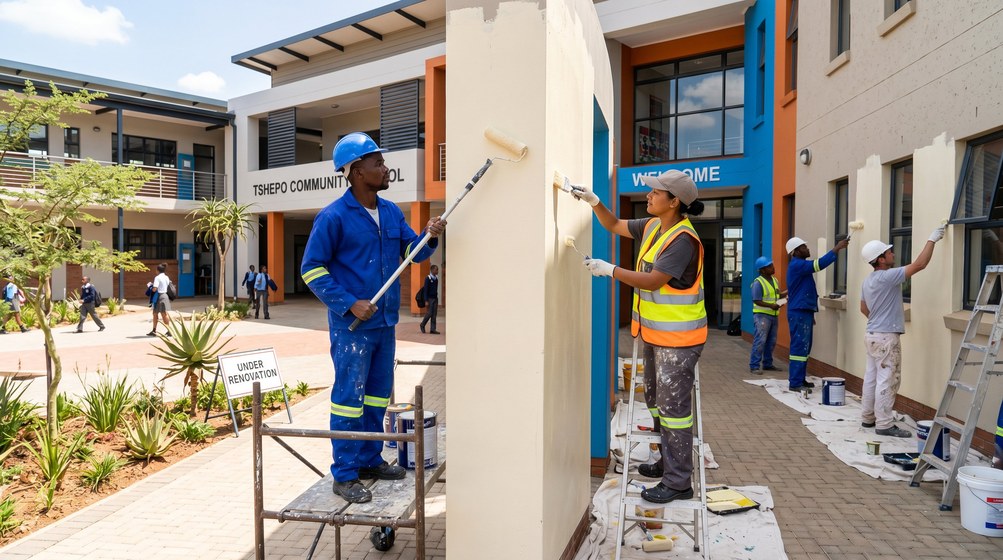 Professional school painting team painting a community school on the Claremont